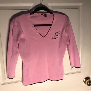 Small Pink Vneck Blouse with S monogram.